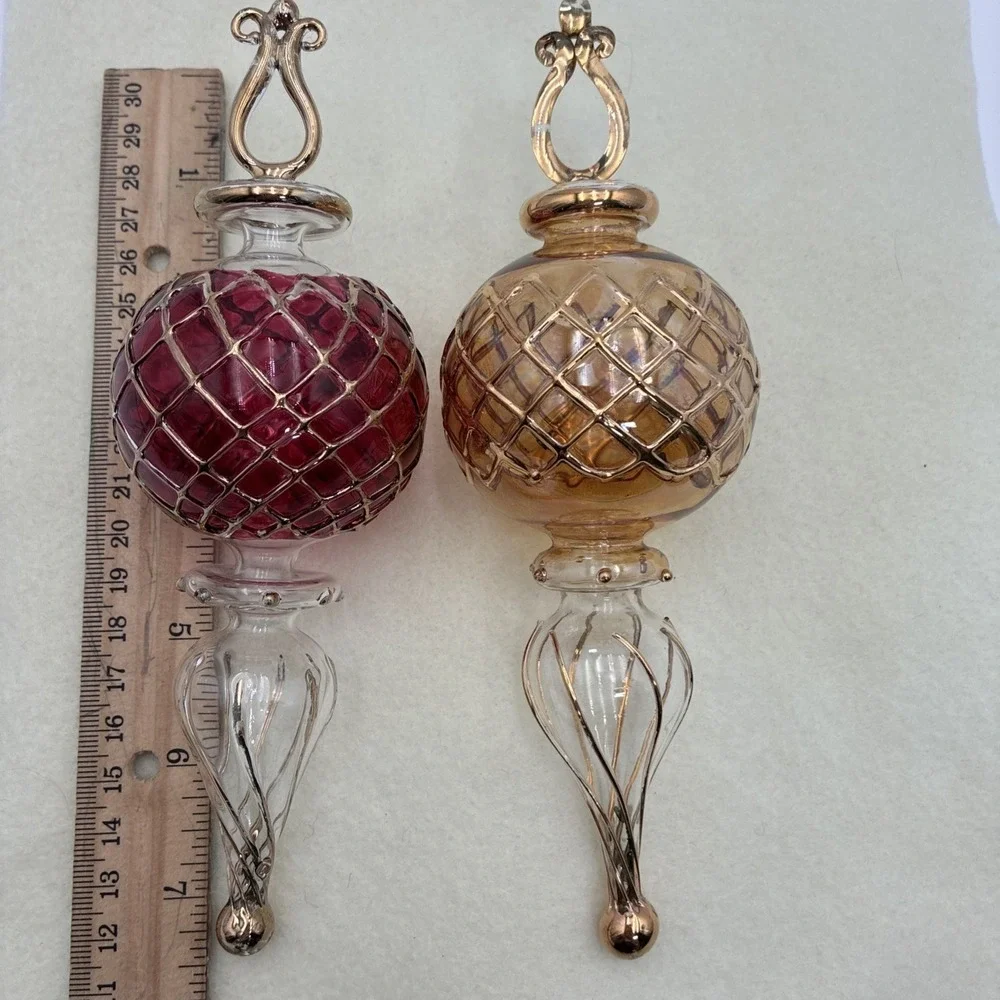 Vintage Hand Blown Glass Finial Christmas Ornaments Red Gold Lattice Set of 2